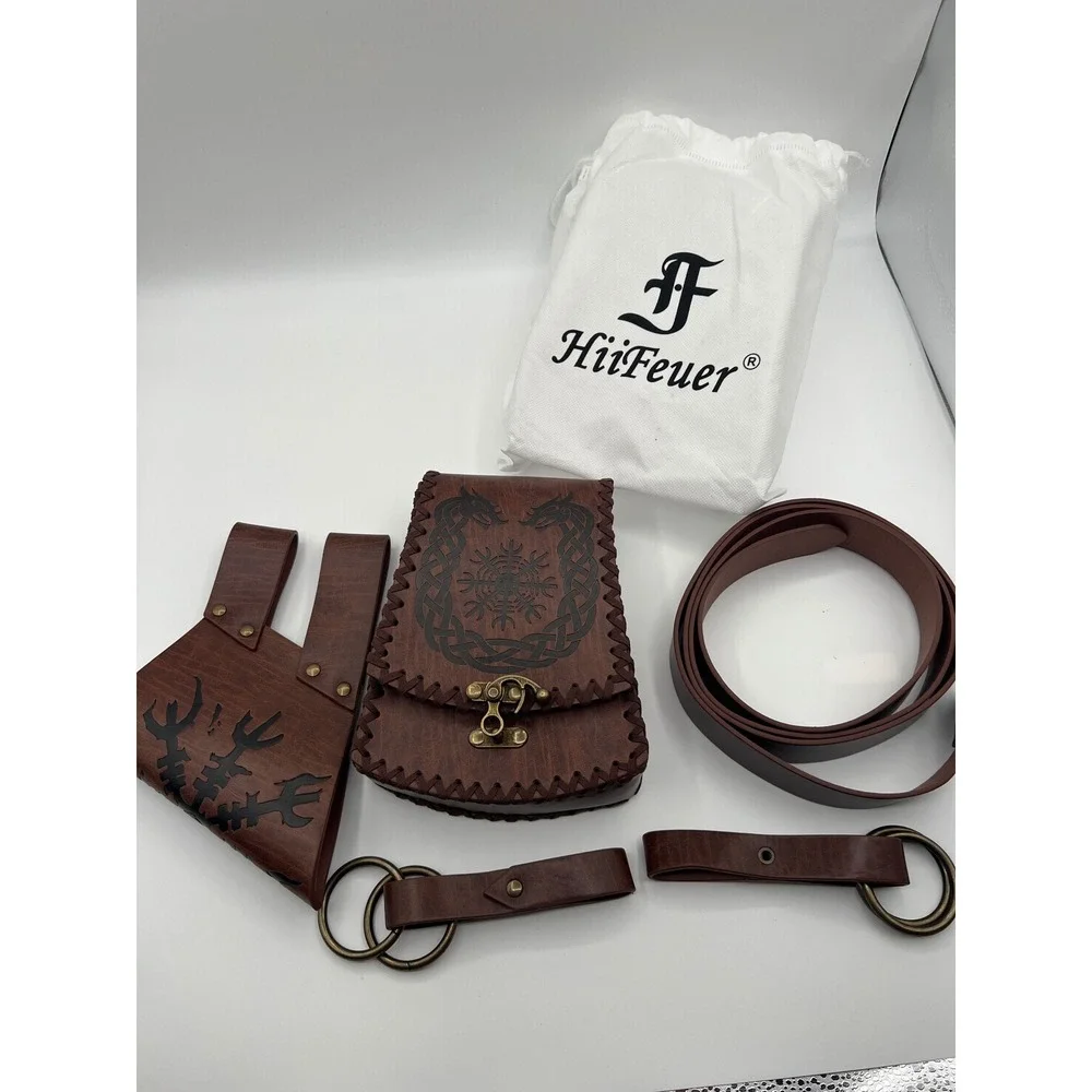 HiiFeuer Viking Renaissance Belt Pouch Frog Set Brown Faux Leather Cosplay LARP